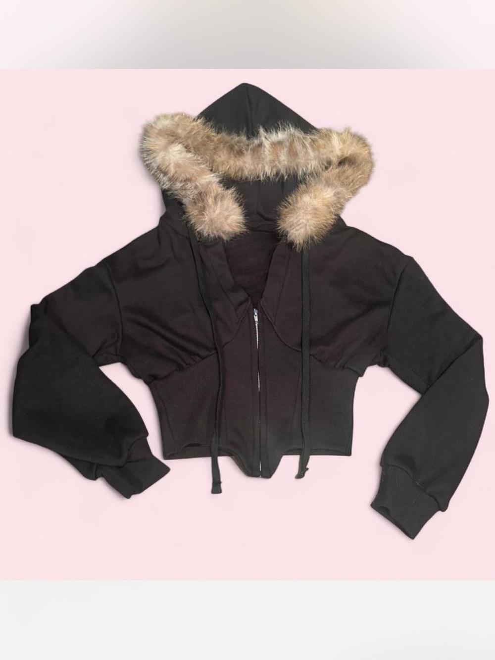 Hoodie Leopard Faux Fur Hood Corset Style Crop Sweatshirt S